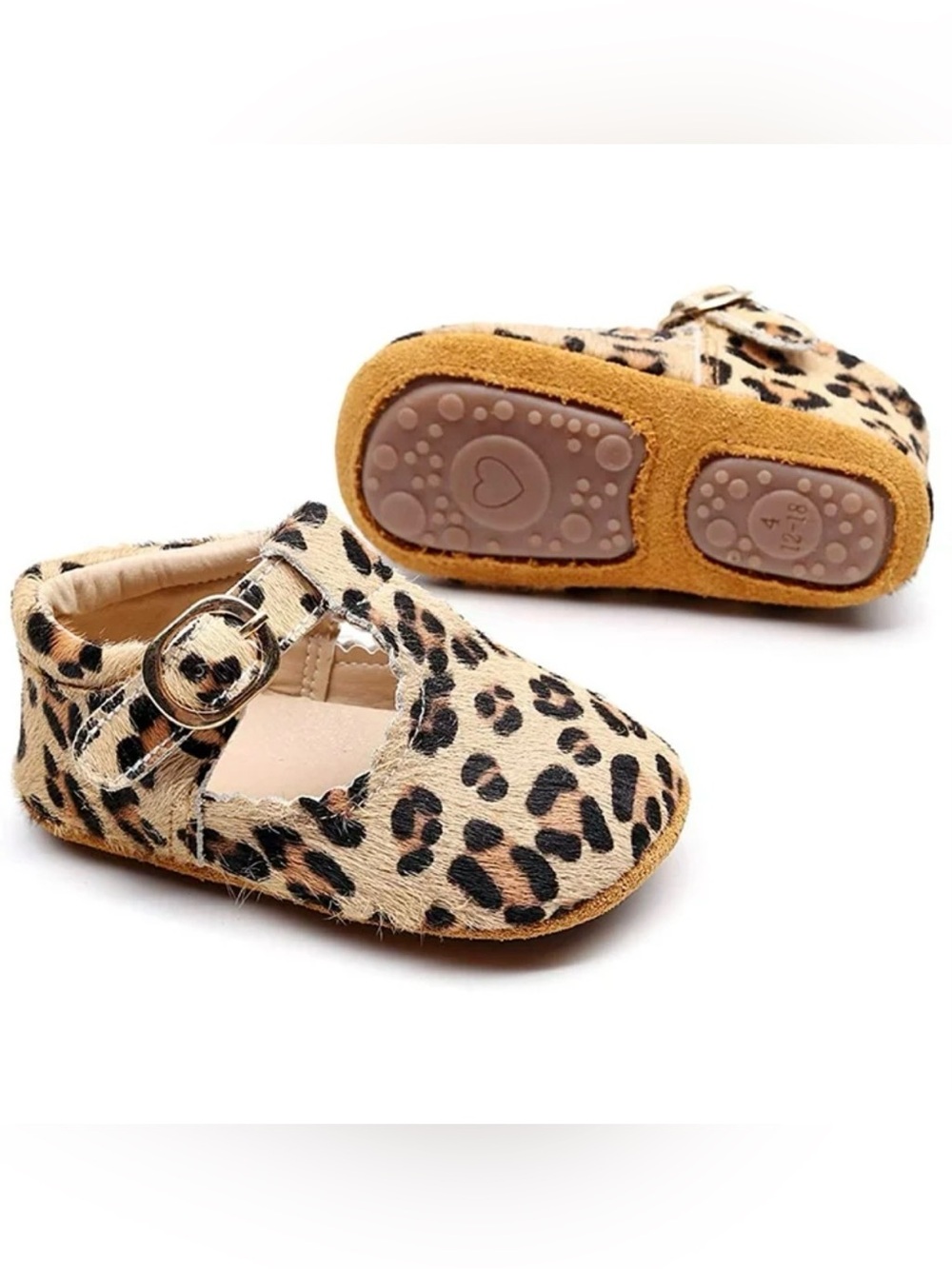 NWOT 12-18M Leather Leopard Hard Sole T-Strap calf hair Moccasins